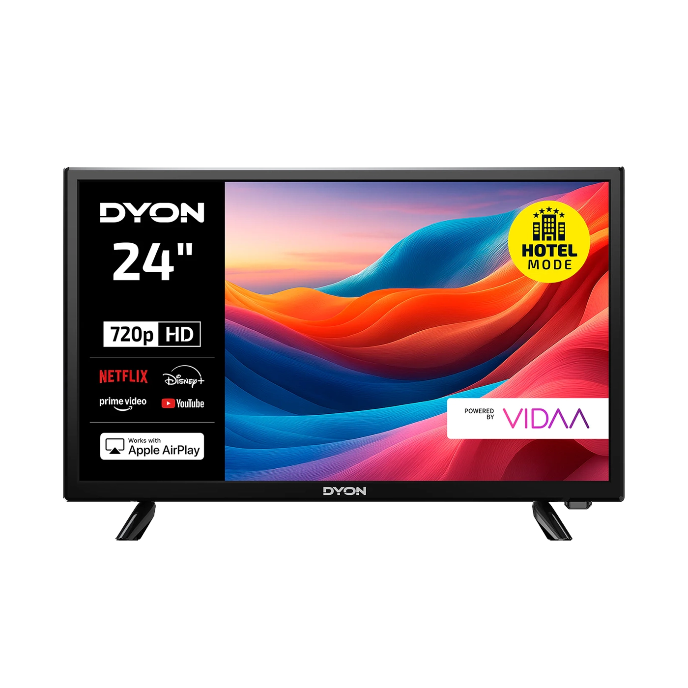 Der Dyon Smart 24 VX Smart TV (24 Zoll, 60 cm) bietet nahtlose Unterhaltung mit Streaming-App-Symbolen, 720p HD-Display, Hotelmodus und dem leistungsstarken VIDAA Betriebssystem für ein erstklassiges Smart TV-Erlebnis.
