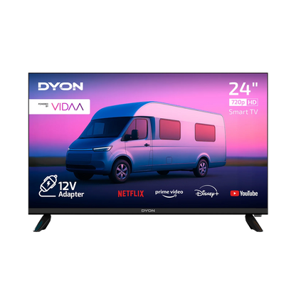 Die Vorderansicht des Dyon Smart 24 VX-V Smart TV (24 Zoll, 60 cm) zeigt ein Wohnmobilbild, App-Logos für Netflix, Prime Video, Disney+ und YouTube; Hinweis: mit Option für 12-V-Adapter.
