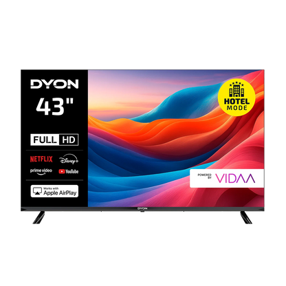 Ein Dyon Smart 43 VX Smart TV (43 Zoll, 108 cm) zeigt auf seinem Full HD-Bildschirm lebendige Grafiken an, wobei die Logos von Streaming-Apps und Funktionssymbole auf der linken Seite sichtbar sind.