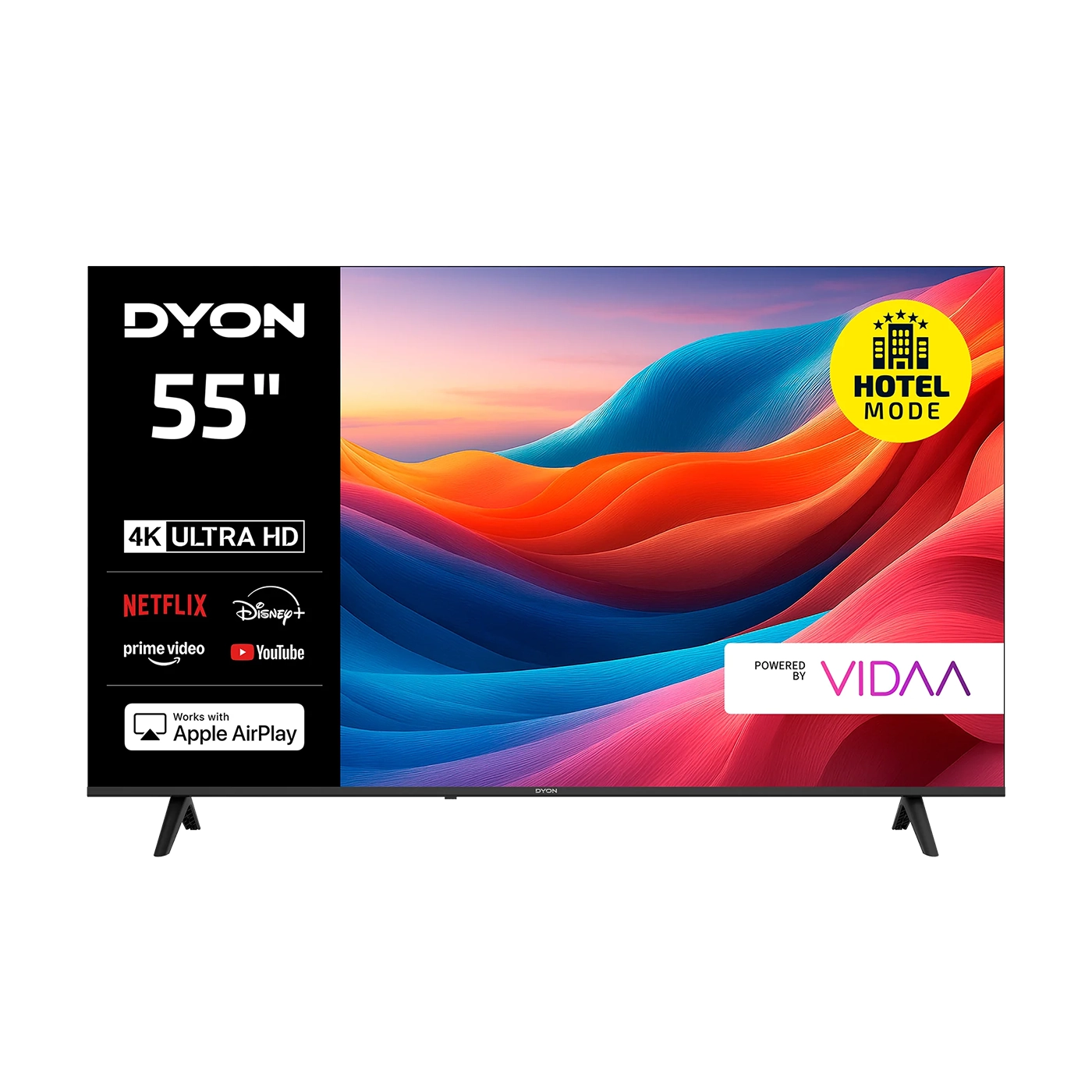 Vorderansicht des DYON Smart 55 VX Smart TV (55 Zoll, 139 cm) mit App-Logos, Hotelmodus, Apple AirPlay-Kompatibilität und VIDAA OS auf dem Bildschirm.