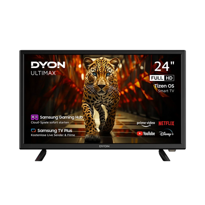 Ein Dyon Ultimax 24F-TI Smart TV (24 Zoll, 60 cm) zeigt ein Leopardenbild auf dem Bildschirm, wobei App-Symbole für Netflix, Prime Video, YouTube, Disney+ und Samsung TV-Funktionen sichtbar sind.