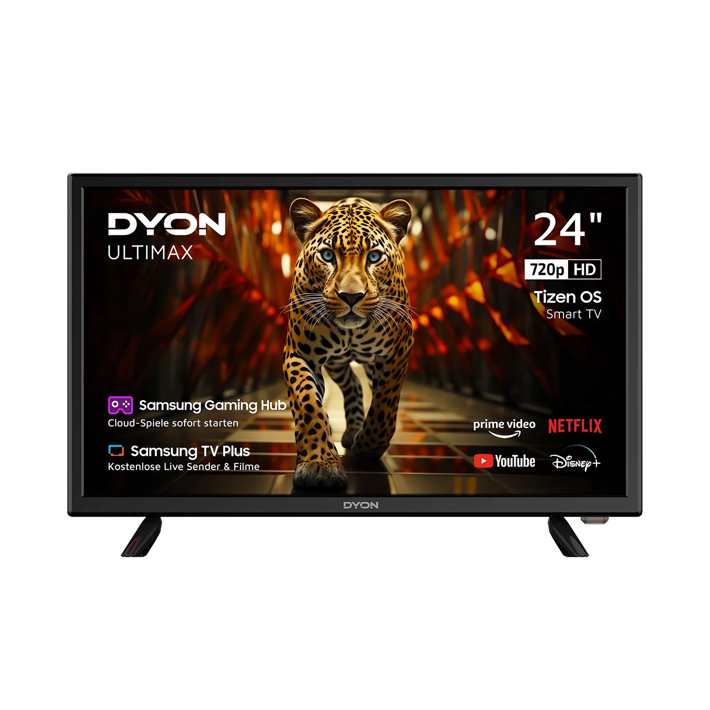Ein 24-Zoll Dyon Ultimax 24H-TI-W Smart TV (60 cm) zeigt ein Jaguar-Bild mit Streaming-Apps wie Netflix, YouTube, Prime Video und Disney+ auf dem Bildschirm.