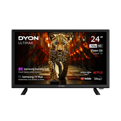 Ein 24-Zoll Dyon Ultimax 24H-TI-W Smart TV (60 cm) zeigt ein Jaguar-Bild mit Streaming-Apps wie Netflix, YouTube, Prime Video und Disney+ auf dem Bildschirm.