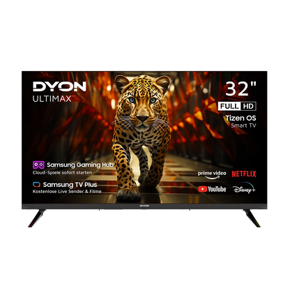 Ein Dyon Ultimax 32F-TI Smart TV (32 Zoll, 80 cm), der einen Leoparden zeigt, mit App-Symbolen für Netflix, Prime Video, YouTube, Disney+ und Samsung-Dienste auf dem Bildschirm.