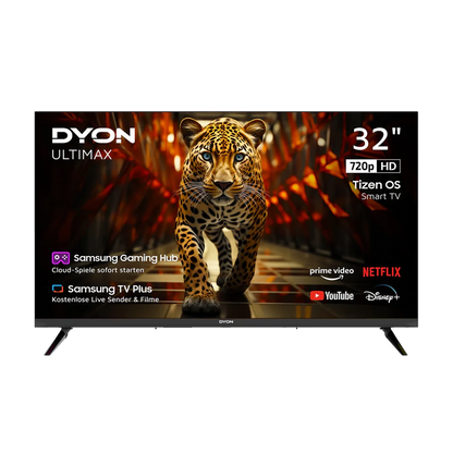 Ein Dyon Ultimax 32H-TI-W Smart TV (32 Zoll, 80 cm) zeigt einen Leoparden auf dem Bildschirm, wobei die Logos und Funktionen der Streaming-Dienste am linken und unteren Rand angezeigt werden.