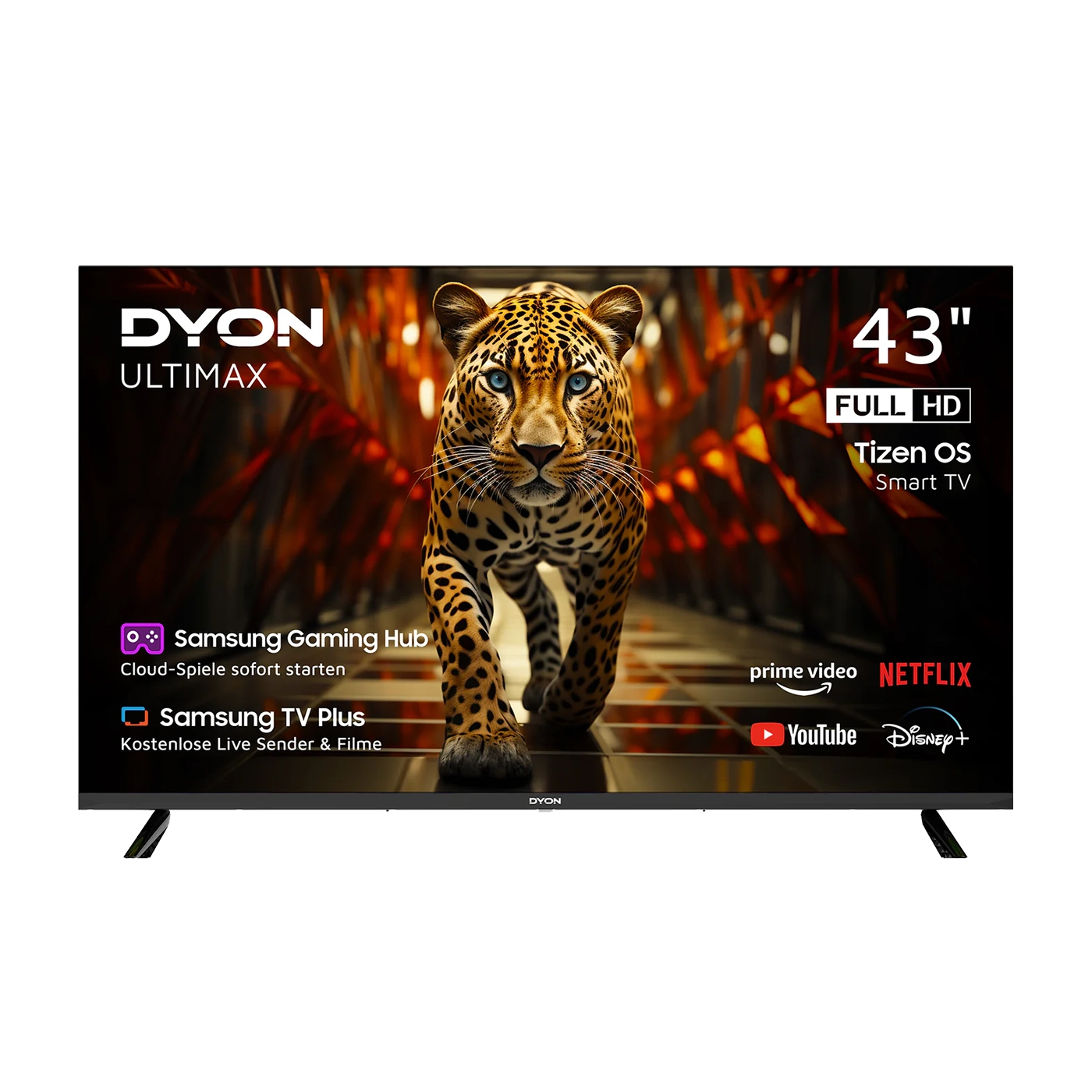 Ein Dyon Ultimax 43F-TI Smart TV (43 Zoll, 108 cm) zeigt auf seinem flachen Full-HD-Bildschirm ein Leopardenbild neben Logos von Streaming-Apps wie Netflix, Prime Video, YouTube und Disney+.