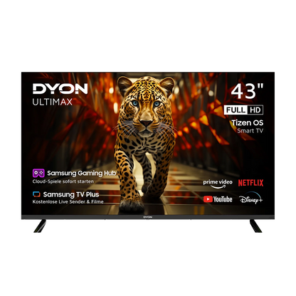 Ein Dyon Ultimax 43F-TI Smart TV (43 Zoll, 108 cm) zeigt auf seinem flachen Full-HD-Bildschirm ein Leopardenbild neben Logos von Streaming-Apps wie Netflix, Prime Video, YouTube und Disney+.