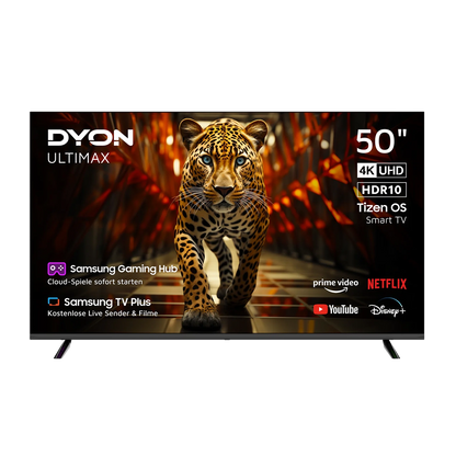 Ein Dyon Ultimax 50U-TI Smart TV (50", 126 cm) zeigt ein Jaguar-Bild mit App-Symbolen für Netflix, YouTube, Disney+ und Prime Video sowie Funktionsdetails auf dem Bildschirm.