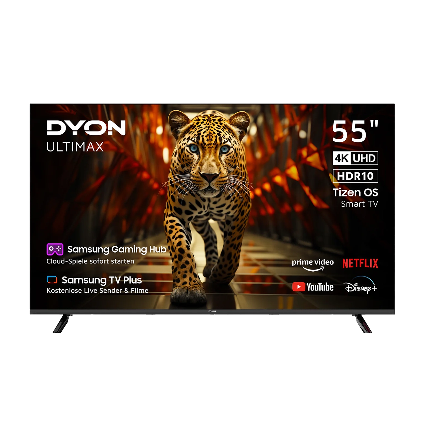 Ein Dyon Ultimax 55U-TI Smart TV (55 Zoll, 139 cm) zeigt einen Jaguar in Großaufnahme mit den Logos von Streaming-Apps wie Netflix, YouTube, Disney+ und Amazon Prime auf dem Bildschirm.