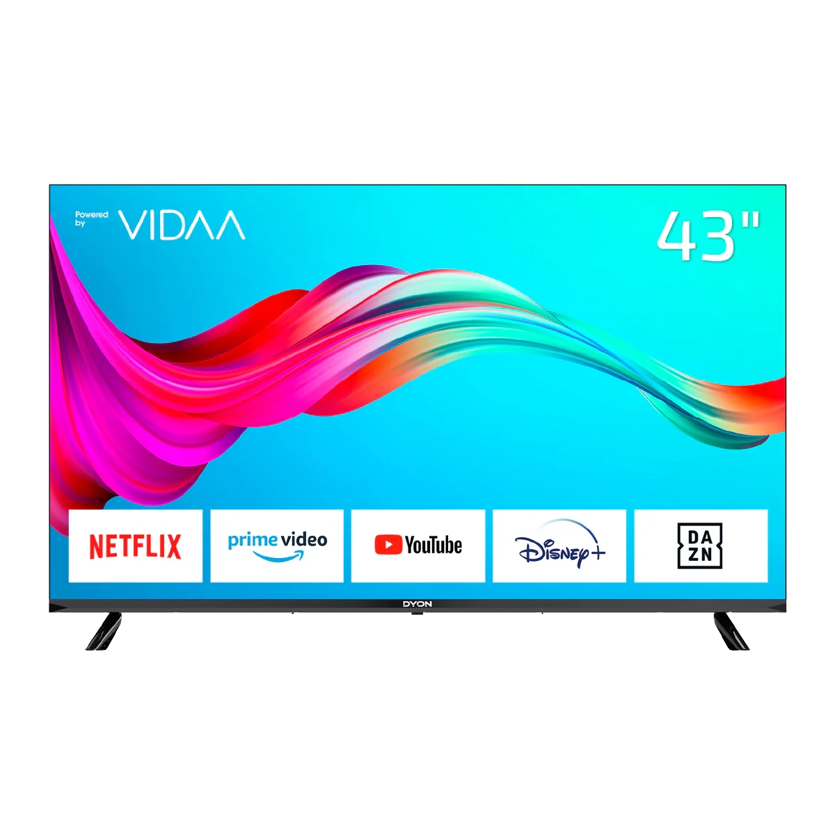 Der Dyon Smart 43 VX Smart LED-Fernseher zeigt auf seinem 43-Zoll-Flachbildschirm Netflix-, Prime Video-, YouTube-, Disney+- und DAZN-Logos auf einem lebendigen, abstrakten Hintergrund.