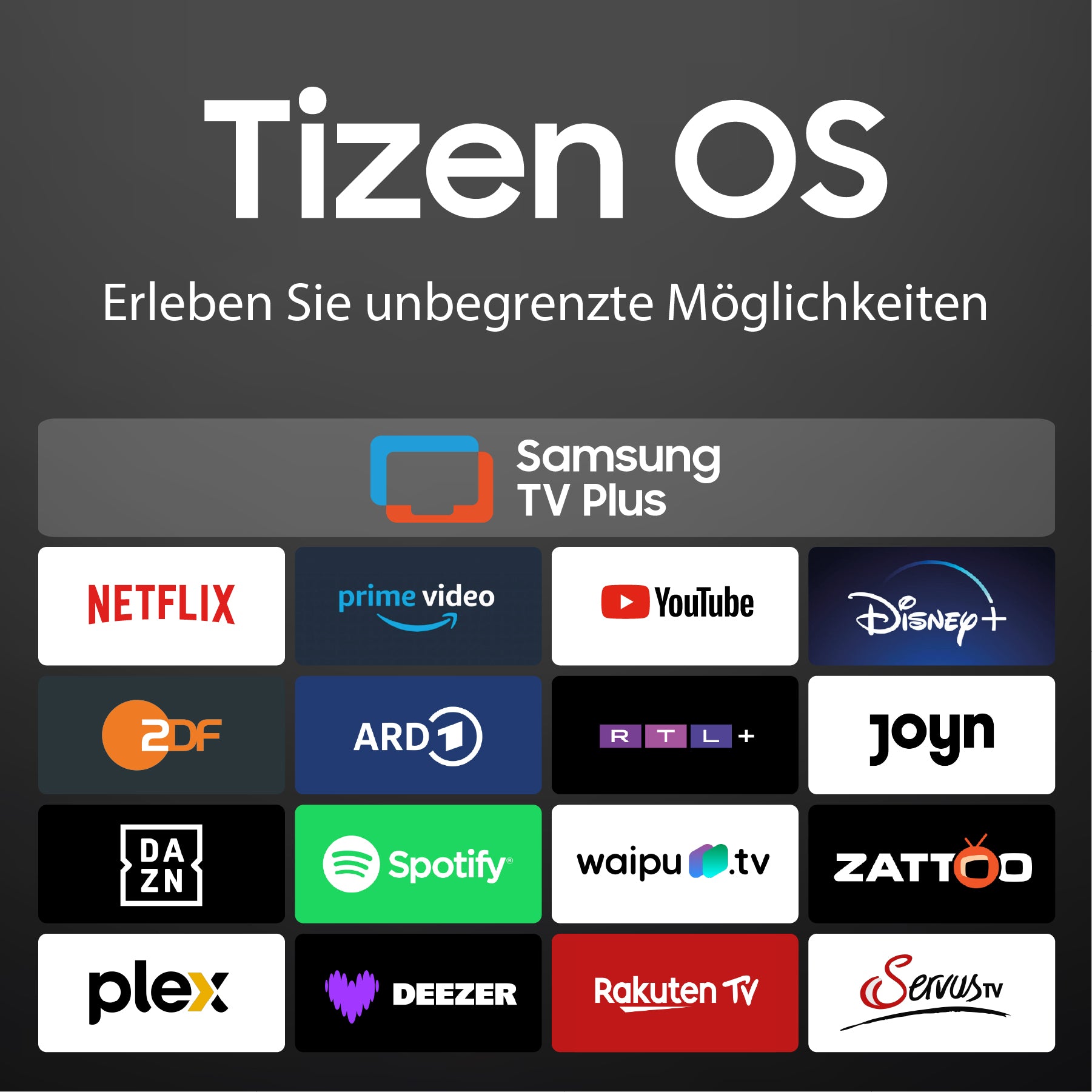 Der Dyon Ultimax 32H-TI-W HD Smart TV verfügt über eine Tizen OS-Oberfläche mit Logos für Netflix, YouTube, Spotify und Samsung TV Plus sowie einem deutschen Text, der "unbegrenzte Unterhaltung" betont.