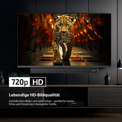 Ein Dyon Ultimax 32H-TI-WS (32 Zoll, 80 cm) Fernseher zeigt einen lebensechten Leoparden, der auf den Betrachter zuläuft; der Text auf dem Bildschirm hebt die 720p HD-Auflösung und die lebendige Bildqualität hervor.