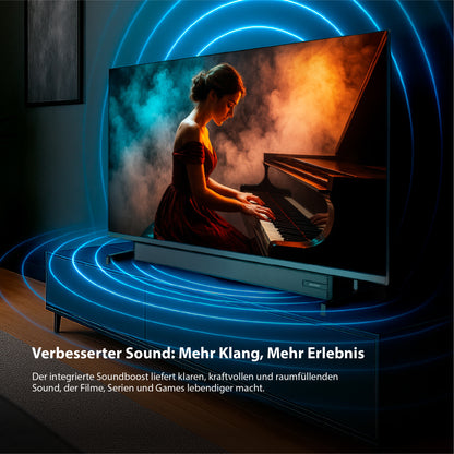Ein Dyon Ultimax 32H-TI-WS (32 Zoll, 80 cm) Fernsehgerät zeigt eine Klavier spielende Frau mit blauen Schallwellen um sie herum, die den verbesserten Klang visuell hervorheben. Ein deutscher Text wirbt für das verbesserte Klangerlebnis.