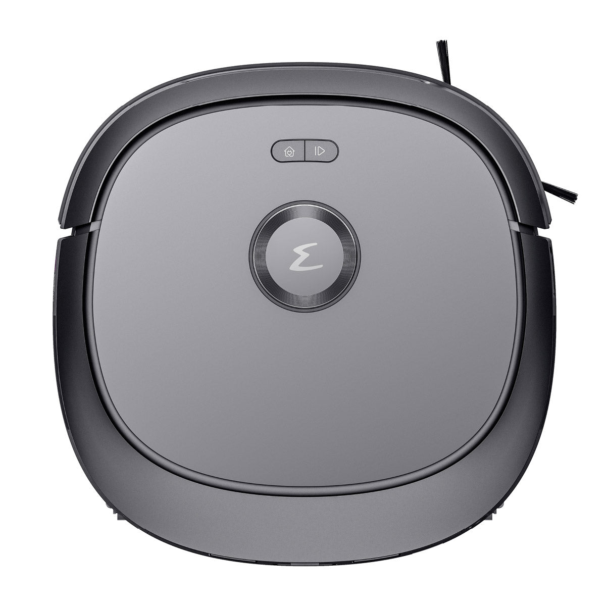 Eine Ansicht des grauen Eureka J20 - 3in1 Saug/ Wischroboter mit LiDAR-Navigation von oben, mit zwei Tasten und einem kreisförmigen Logo in der Mitte.