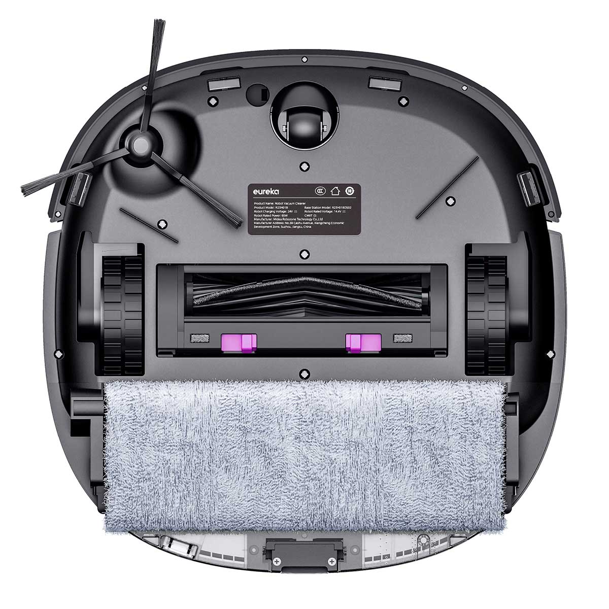 Unteransicht des Eureka J20 - 3in1 Saug/Wischroboter, mit Rädern, Seitenbürste, Hauptbürste mit RollRenew-Wischsystem und einem rechteckigen Reinigungspad.