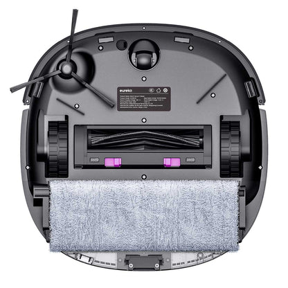 Unteransicht des Eureka J20 - 3in1 Saug/Wischroboter, mit Rädern, Seitenbürste, Hauptbürste mit RollRenew-Wischsystem und einem rechteckigen Reinigungspad.