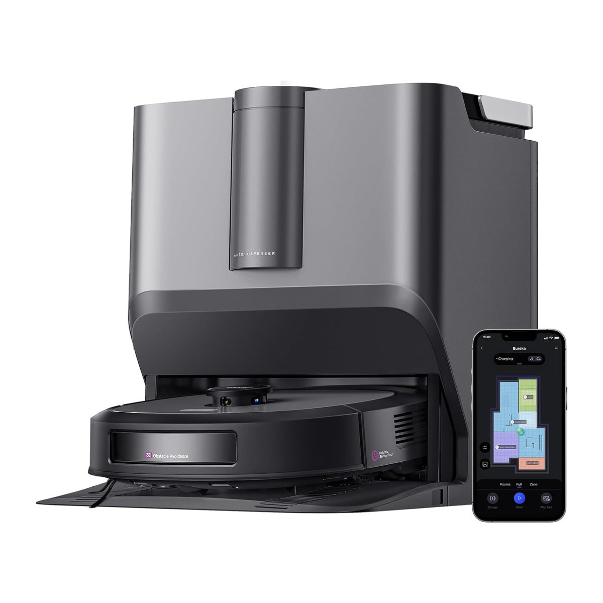 Ein Eureka J20 - 3in1 Saug/ Wischroboter in seiner All-in-One-Basisstation steht neben einem Smartphone, das eine Bodenkarte und Reinigungssteuerungen anzeigt.