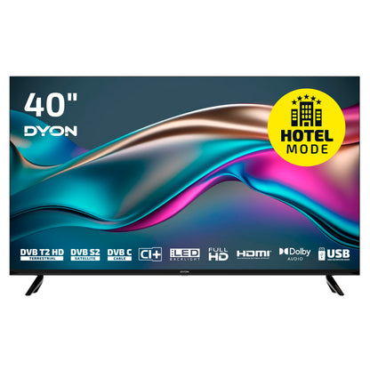 Der Dyon Enter 40 PRO X2 Standard-Fernseher (40 Zoll, 100 cm) bietet Full HD, HDMI, USB, Dolby Audio, HD Triple Tuner (DVB-T2 HD/S2/C) und zeigt ein gelbes Hotelmodus-Label auf dem Bildschirm an.