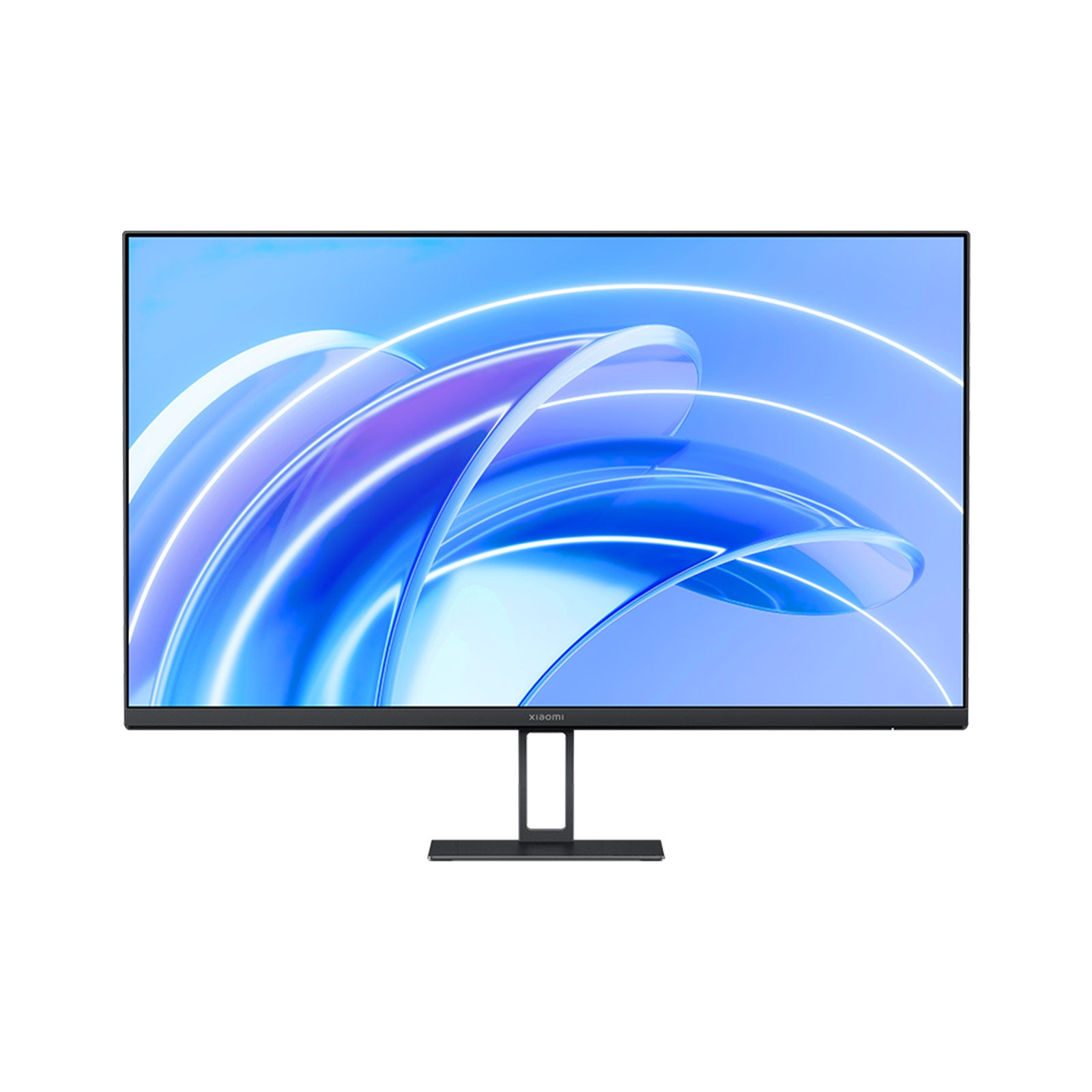Der Xiaomi A27i Monitor 27 Zoll zeichnet sich durch einen schmalen schwarzen Rahmen, einen rechteckigen Standfuß, ein Full HD Display und einen fortschrittlichen Blaulichtfilter aus, der auf dem Widescreen-Panel einen leuchtend blauen abstrakten Wirbel zeigt.