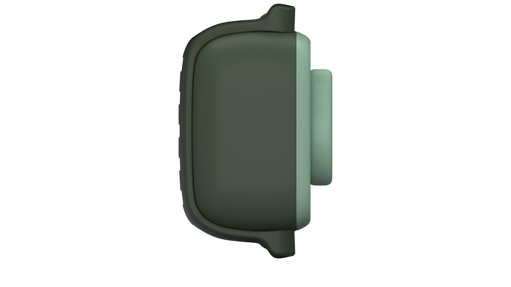 Seitenansicht der GlocalMe Petphone Green Model T20 GLMT24A01 Smartwatch von GlocalMe mit abgerundetem, rechteckigem Design, erhöhtem Knopf an der Seite und sichtbarer Silikonbandbefestigung.