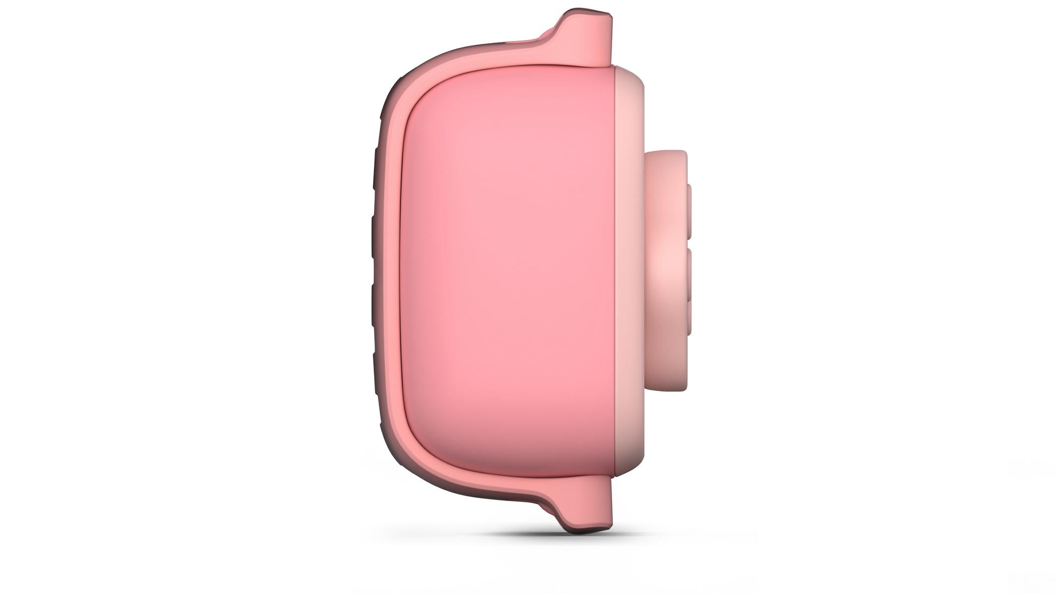 Seitenansicht des GlocalMe Petphone pink Modell T20 GLMT24A01 von GlocalMe, mit einem rechteckigen Gehäuse mit abgerundeten Kanten und einer einzelnen Taste auf der rechten Seite, dargestellt vor einem weißen Hintergrund.