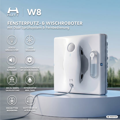 Der HUTT W8 Fensterputzroboter mit doppeltem Sprühsystem, Fernbedienung und Lasersensoren wird auf einem blauen Hintergrund mit Symbolen und deutschem Text dargestellt, wodurch das intelligente Fensterputzen mit dem innovativen Fensterputzroboter von HUTT hervorgehoben wird.