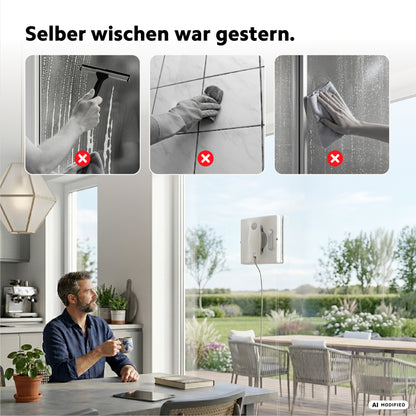 Ein Mann genießt seinen Kaffee, während der HUTT W8 Fensterputzroboter effizient eine Glastür reinigt und so intelligente Fensterreinigung demonstriert. Oben sind veraltete manuelle Reinigungsmethoden durchgestrichen dargestellt.