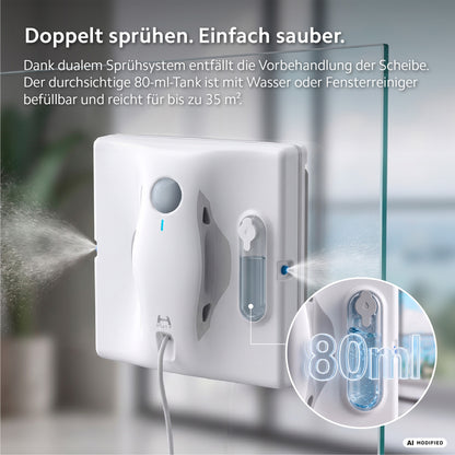 Der HUTT W8 Fensterputzroboter ist ein automatisches Fensterreinigungsgerät, das Wasser auf die Scheibe sprüht und über einen nachfüllbaren 80-ml-Tank sowie ein duales Sprühsystem verfügt. Der deutsche Text erläutert das intelligente Fensterputzen und die innovativen Funktionen des HUTT W8 Fensterputzroboters.