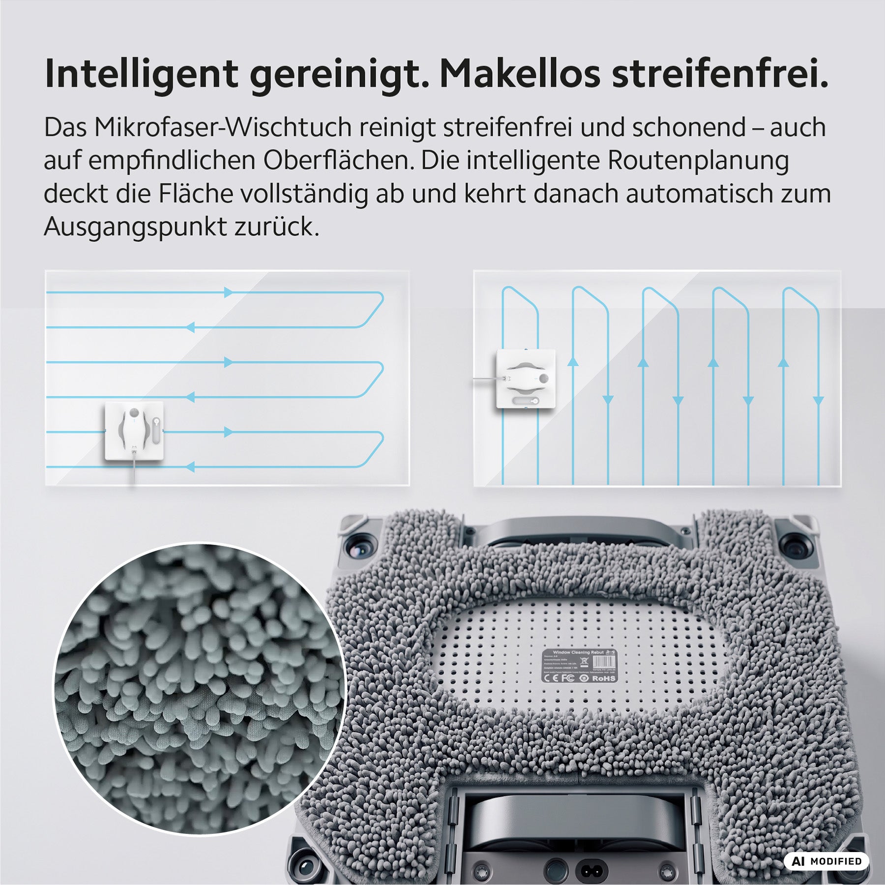 Nahaufnahme des HUTT W8 Fensterputzroboters bei der Reinigung einer Glasfläche mit seinem Mikrofasertuch, die streifenfreie Ergebnisse, eine smarte Fensterreinigung und eine intelligente Routenplanung demonstriert. Das doppelte Sprühsystem garantiert jedes Mal eine gründliche und effiziente Leistung.