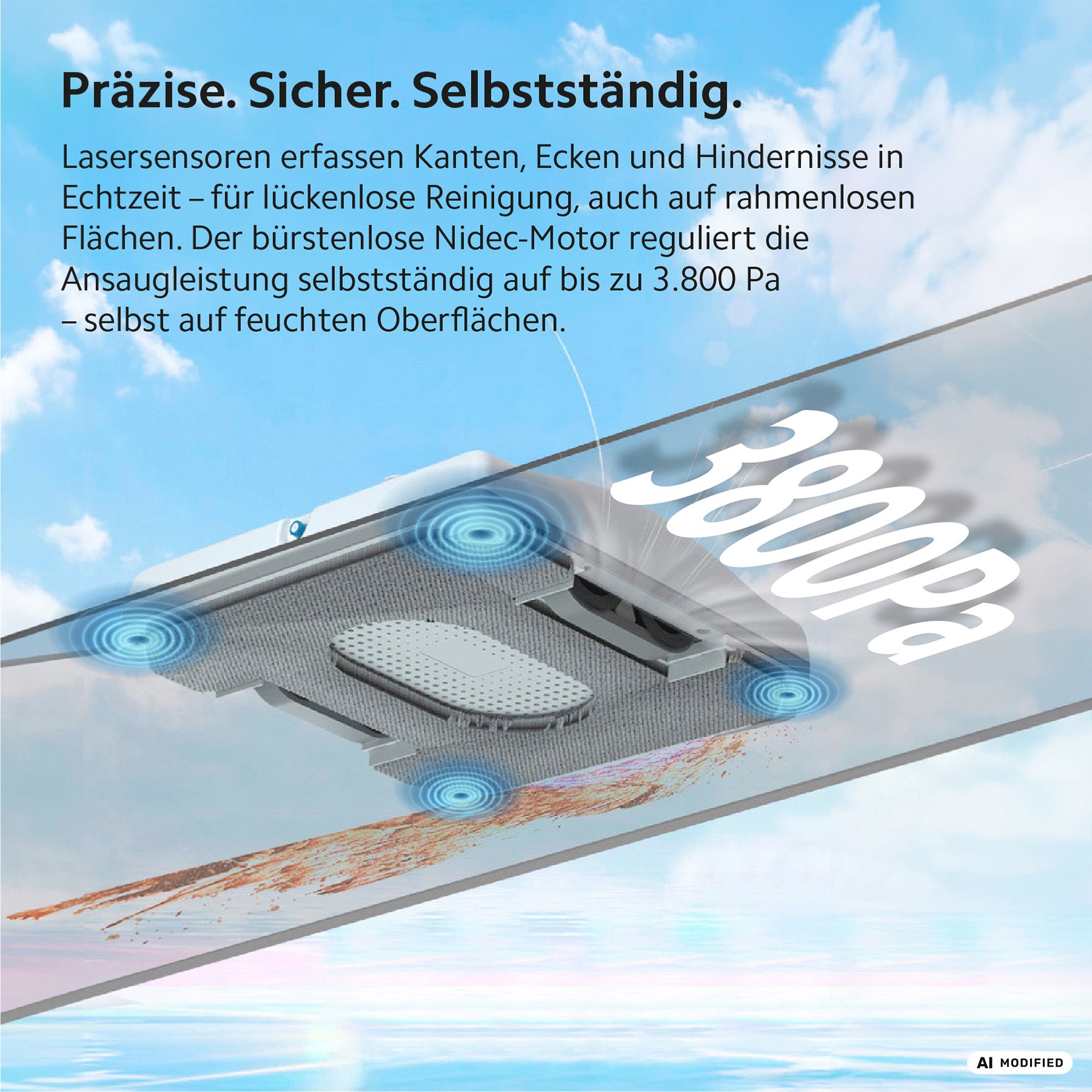 Der HUTT W8 Fensterputzroboter nutzt Lasersensoren und einen Nidec-Motor, um seine Saugkraft auf bis zu 3.800 Pa anzupassen, was eine effiziente und intelligente Fensterreinigung auch auf nassem Glas ermöglicht.