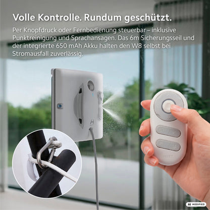 Ein HUTT W8 Fensterputzroboter der Marke HUTT ist an einer Glasscheibe im Einsatz und mit einer Sicherheitsleine befestigt, während eine Person in der Nähe eine weiße Fernbedienung in der Hand hält. Der deutsche Text hebt Funktionen wie „intelligentes Fensterputzen“ und ein „duales Sprühsystem“ für eine effiziente Reinigung hervor.