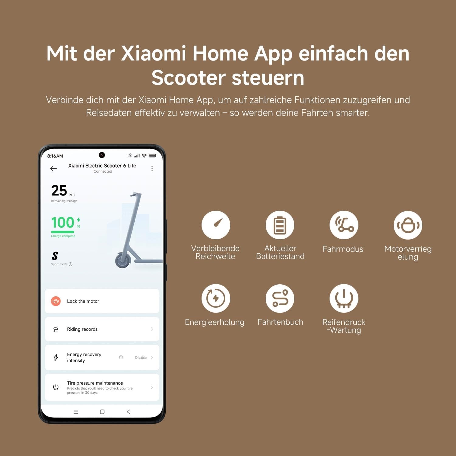 Ein Xiaomi Electric Scooter 6 Lite DE wird auf einem Smartphone mit der Xiaomi Home App-Oberfläche gezeigt, die Symbole für verschiedene Bedienelemente vor einem braunen Hintergrund enthält.