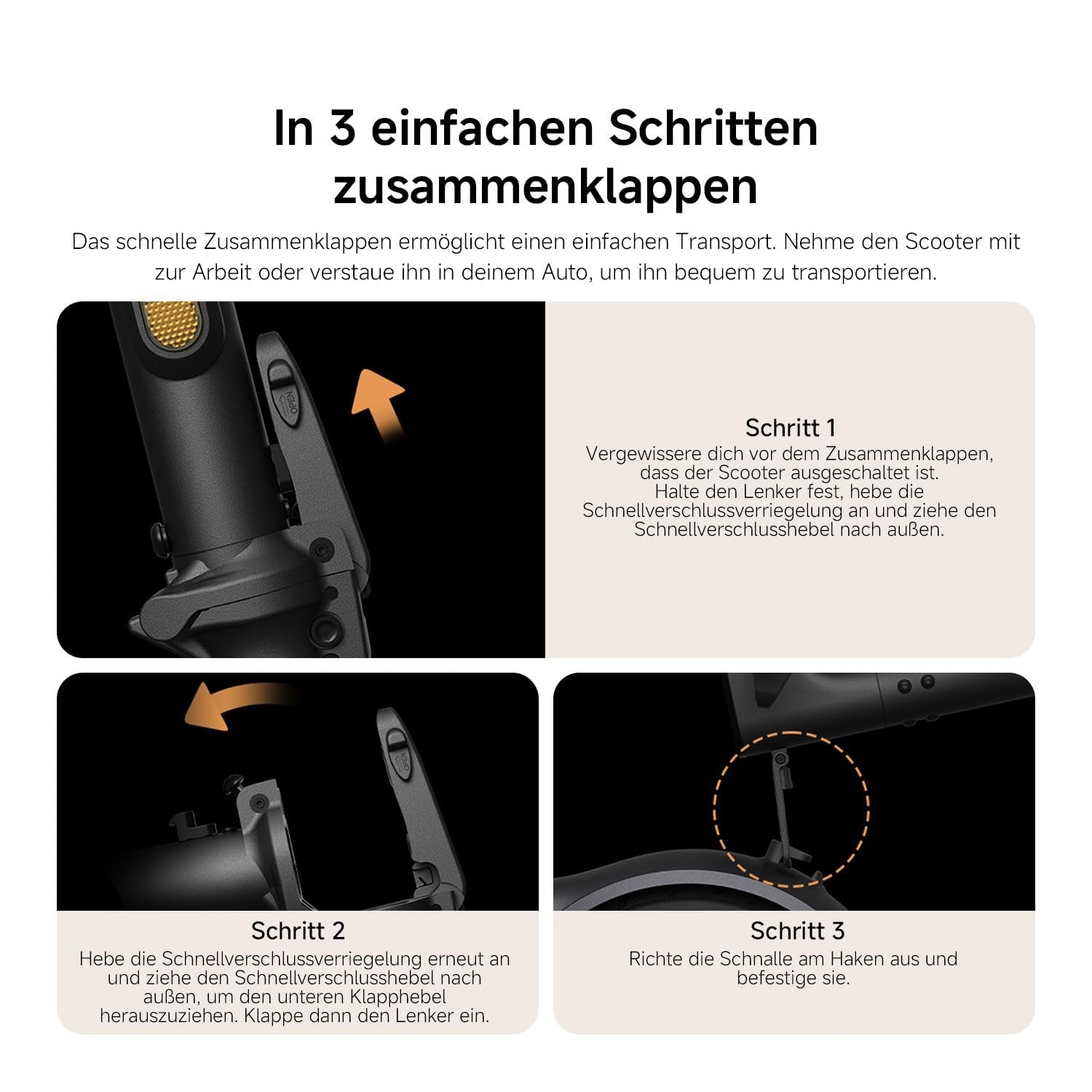 Anleitung zum Zusammenklappen des Xiaomi Electric Scooter 6 Lite DE in drei Schritten mit Bildern und kurzen Beschreibungen für jeden Schritt.