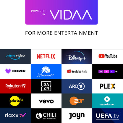 Ein Raster von 20 Streamingdienst-Logos wie Prime Video, Netflix, Disney+ und YouTube wird unter einem Powered by VIDAA-Banner angezeigt. Genießen Sie mehr Unterhaltung auf Ihrem Dyon DYON Movie Smart 24 VX mit dem intuitiven VIDAA Betriebssystem TV Smartportal.
