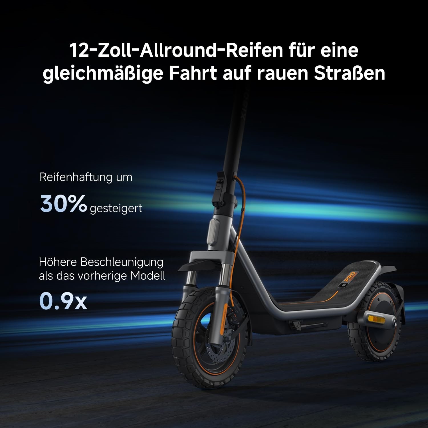Der Xiaomi Electric Scooter 6 Pro DE verfügt über große 12-Zoll-Reifen, die 30 % mehr Grip und eine 0,9-mal schnellere Beschleunigung als das Vorgängermodell bieten, und das vor einer dynamischen Kulisse.