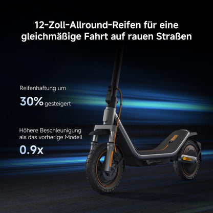 Der Xiaomi Electric Scooter 6 Pro DE verfügt über große 12-Zoll-Reifen, die 30 % mehr Grip und eine 0,9-mal schnellere Beschleunigung als das Vorgängermodell bieten, und das vor einer dynamischen Kulisse.