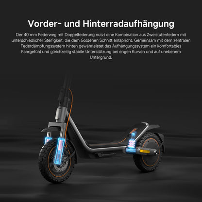 Abbildung des Xiaomi Electric Scooter 6 Pro DE mit hervorgehobenen und beschrifteten vorderen und hinteren Aufhängungssystemen, mit technischen Beschreibungen in Deutsch.