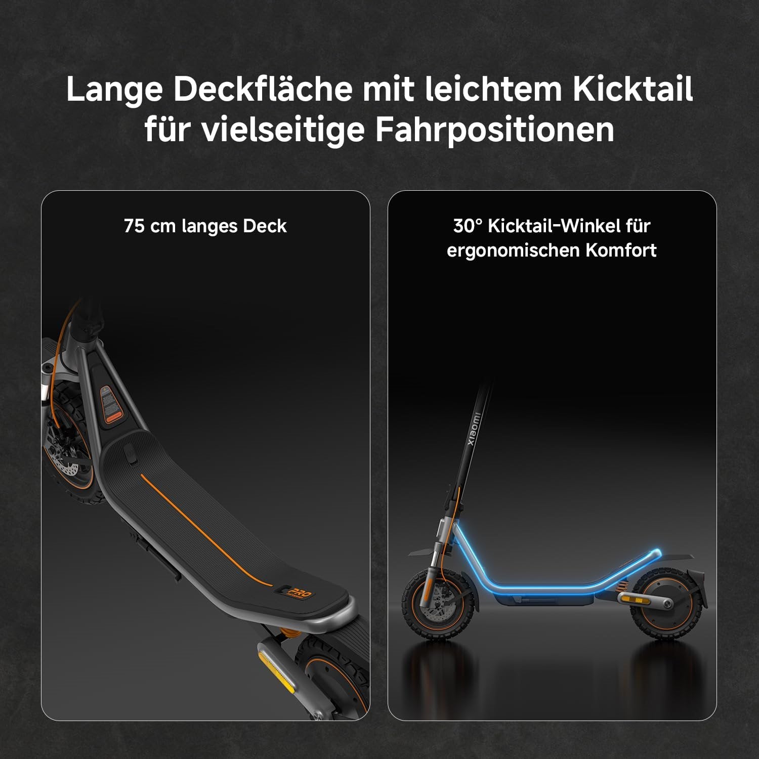 Der Xiaomi Electric Scooter 6 Pro DE verfügt über ein 75 cm langes Deck und einen 30°-Kick-Tail-Winkel, der mit orangefarbenen Akzenten und ergonomischen Design-Highlights versehen ist.
