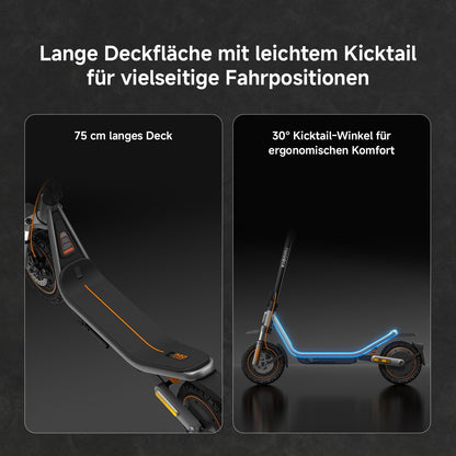 Der Xiaomi Electric Scooter 6 Pro DE verfügt über ein 75 cm langes Deck und einen 30°-Kick-Tail-Winkel, der mit orangefarbenen Akzenten und ergonomischen Design-Highlights versehen ist.