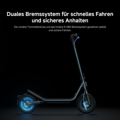 Abbildung des Xiaomi Electric Scooter 6 DE, die die Komponenten des Bremssystems zeigt, mit deutschem Text, der das doppelte Bremssystem beschreibt, das für mehr Sicherheit und Stabilität sorgt.