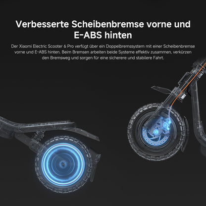 Diagramm des Xiaomi Electric Scooter 6 Pro DE, das die verbesserte vordere Scheibenbremse und das hintere E-ABS-System zeigt, mit deutschem Text, der diese Funktionen detailliert beschreibt.