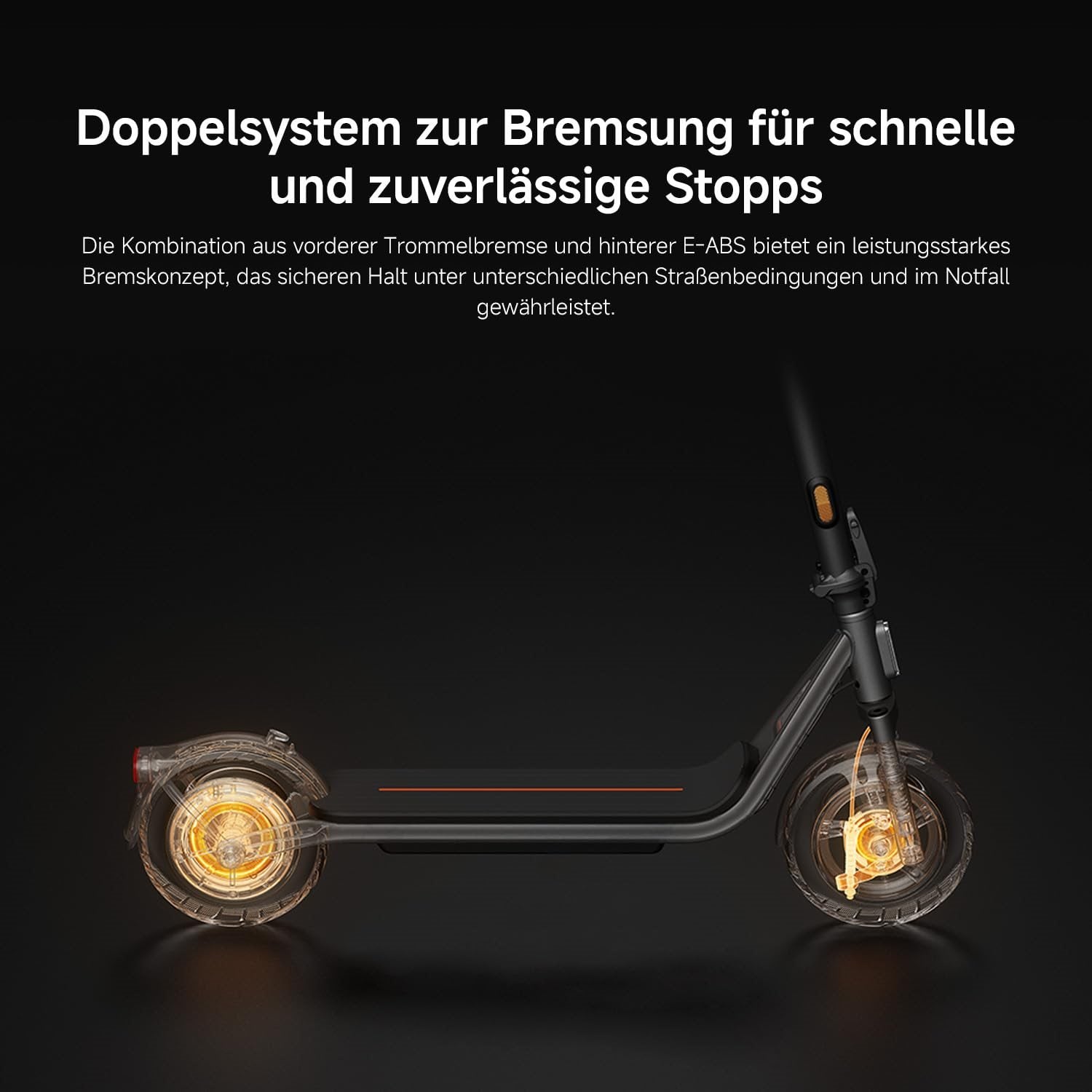 Das Diagramm des Xiaomi Electric Scooter 6 Lite DE hebt die vordere Trommelbremse und das hintere E-ABS hervor, die ein schnelles und zuverlässiges Anhalten ermöglichen. Der deutsche Text wird über dem Roller angezeigt.
