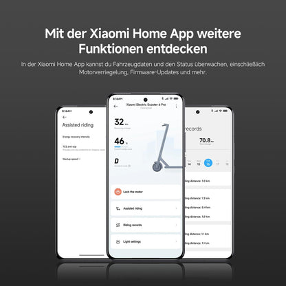 Drei Smartphones zeigen die Xiaomi Home App an, die Daten, Status und Aktivitätsaufzeichnungen für den Xiaomi Electric Scooter 6 Pro DE auf einem grauen Hintergrund mit deutschem Text darüber anzeigt.