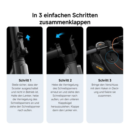 Visuelle Anleitung zum Zusammenklappen des Xiaomi Electric Scooter 6 DE in drei Schritten: Entriegeln Sie den Sicherheitsverschluss, heben Sie den Schnellverschluss an und befestigen Sie den Verschlusshaken an seinem Platz.