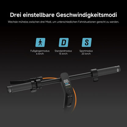Der Xiaomi Electric Scooter 6 Pro DE verfügt über ein Lenkerdisplay mit Symbolen für drei Geschwindigkeitsmodi: Fußgänger (6 km/h), Standard (15 km/h) und Sport (25 km/h).