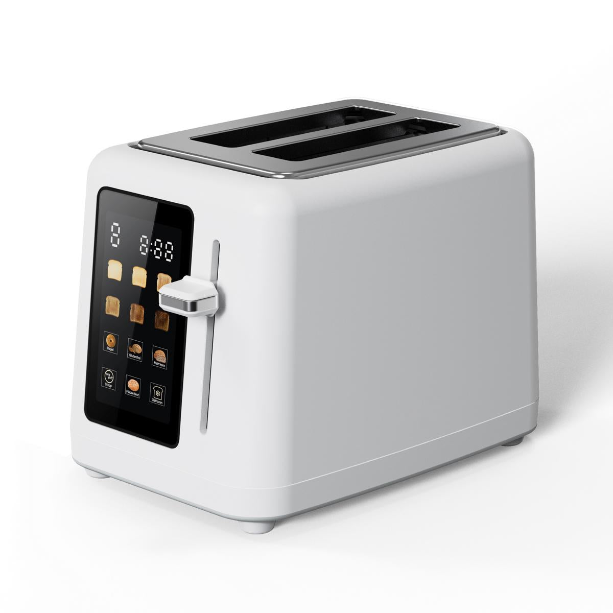 Der aeco toastlab MAX Touch LED ist ein moderner weißer Toaster mit einem digitalen Touchscreen-Display auf der Vorderseite und zwei Schlitzen auf der Oberseite, die sich vor einem schlichten weißen Hintergrund abheben.