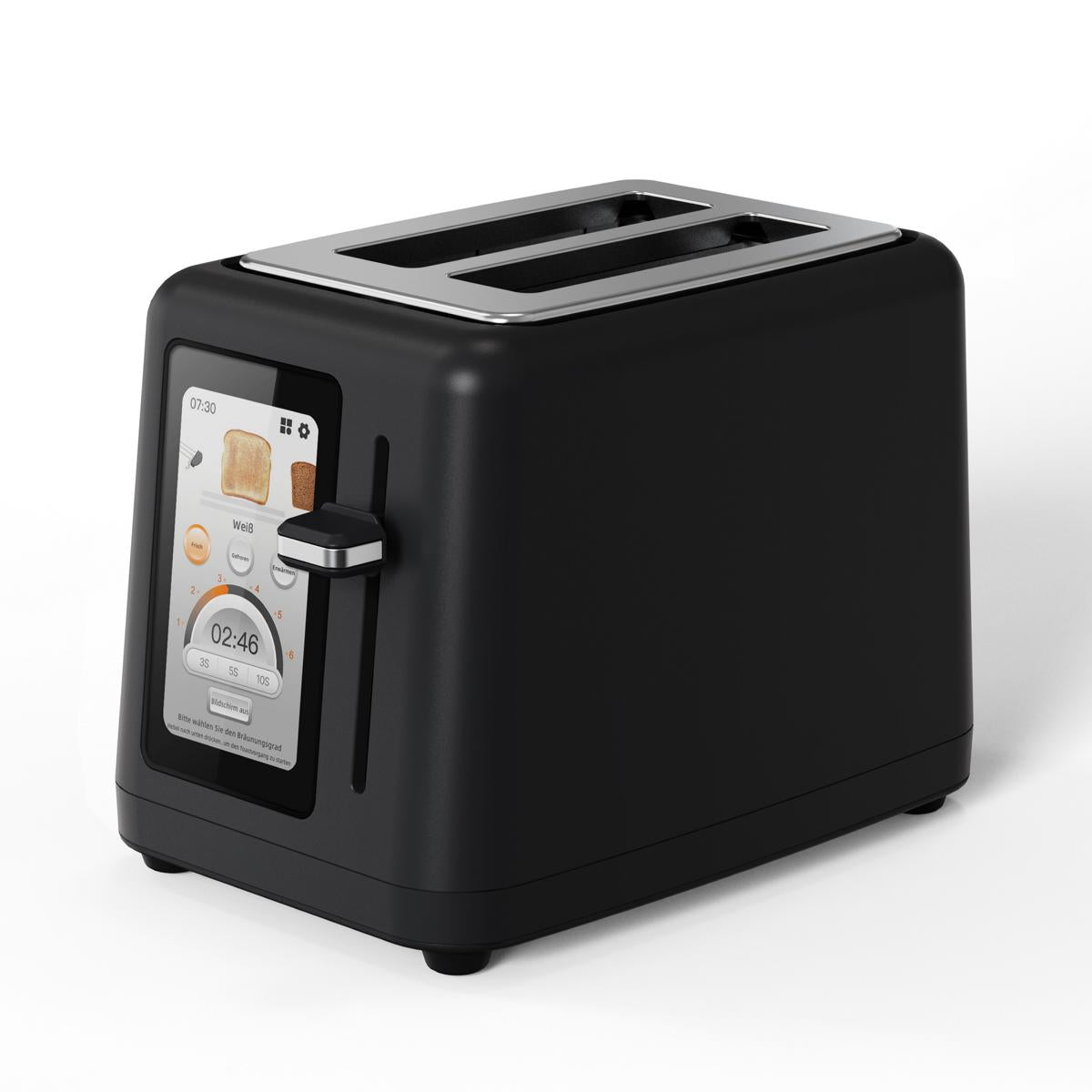 Der aeco toastlab ELITE Touch, ein schwarzer Zwei-Schlitz-Toaster mit digitalem Touchscreen-Display und seitlichem Bedienhebel, ist auf weißem Hintergrund abgebildet.