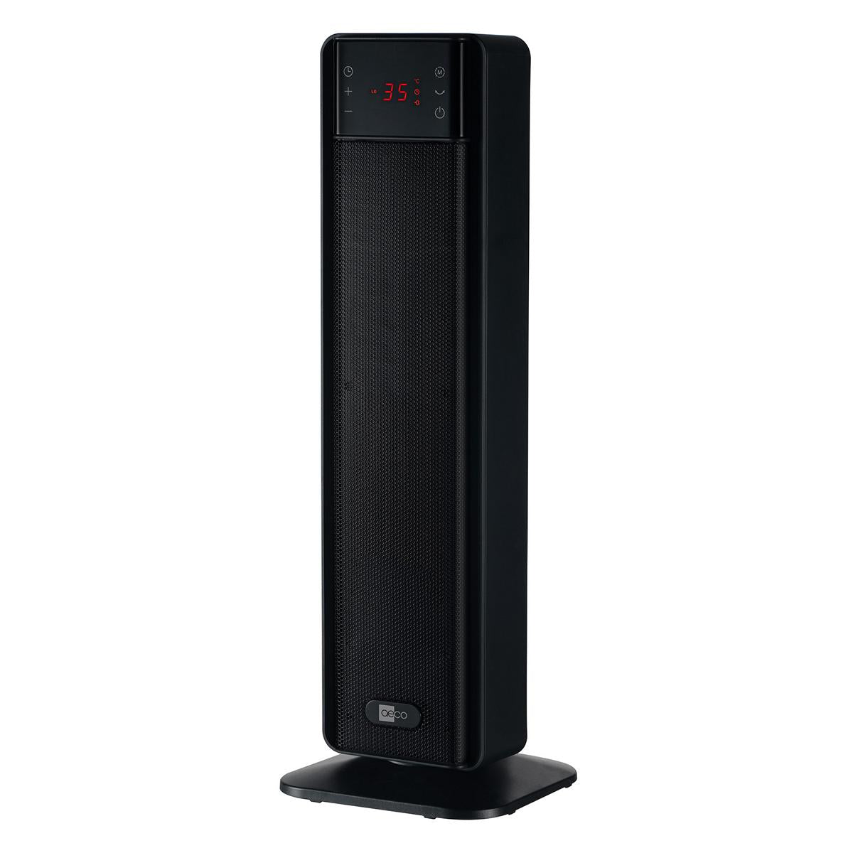 Der aeco EcoHeat Boost ist ein schwarzer Heizturm mit einer digitalen Anzeige von 95°F, der auf einem rechteckigen Sockel steht.