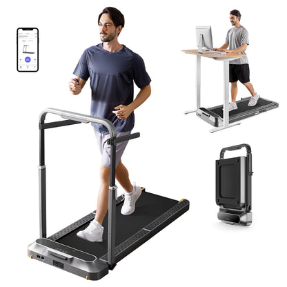 Die Collage zeigt einen Mann, der auf dem Kingsmith WalkingPad R2/R2H Walk&Run 2IN1 Faltbares Laufband läuft, einen anderen, der es unter einem Stehpult benutzt, das Laufband hochgeklappt und ein Smartphone, das die App anzeigt.