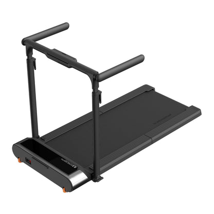 Das Kingsmith WalkingPad R3 Hybrid+ Klappbares Laufband bis 12 km/h ist ein schwarzes, leises Laufband mit Handlauf, digitalem Display vorne und flacher Lauffläche-ideal für ruhige Home-Workouts.
